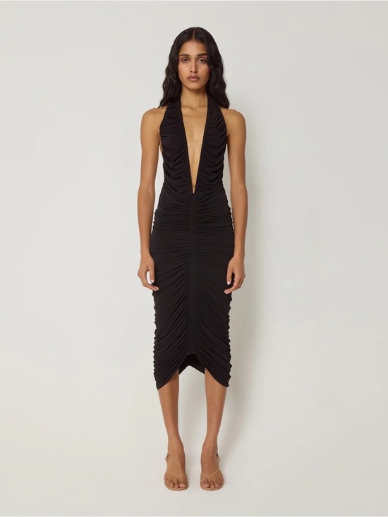 Khy Dresses & Skirts - Khy Ruched Plunging V-Neck Halter Black Dress Size Large